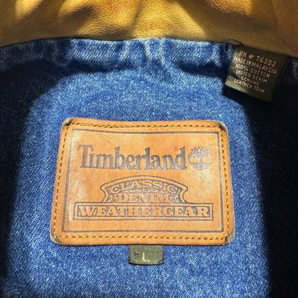 Vintage Timberland Classic Blue Denim Jacket Tam Leather Collar Weathergear Jean - Picture 8 of 13